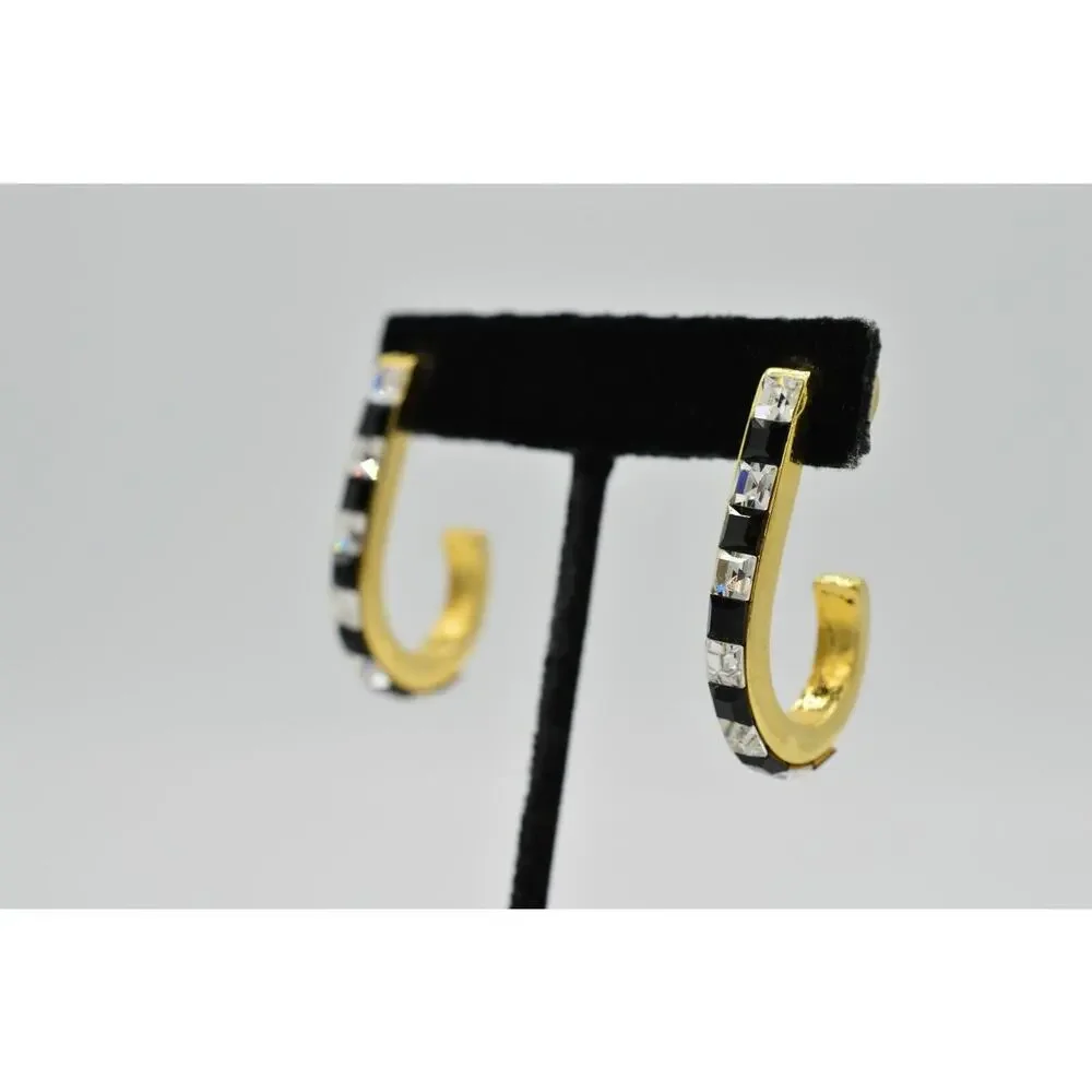 Vintage Crystal Earrings Gold Black Clear Square Rhinestone Gold Tone 1980s 9L